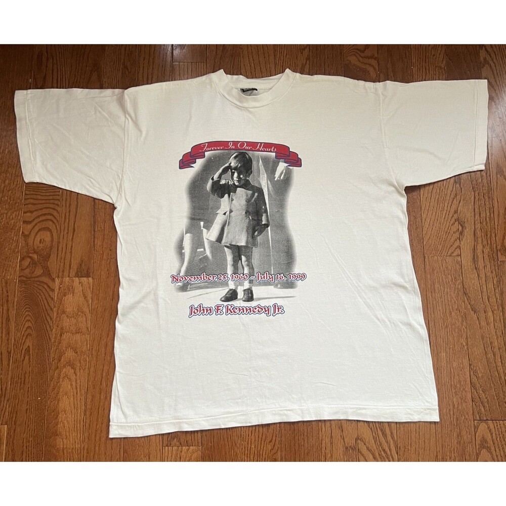 Vintage JFK Jr Forever In Our Hearts Graphic Tee White Memorial Tribute Shirt